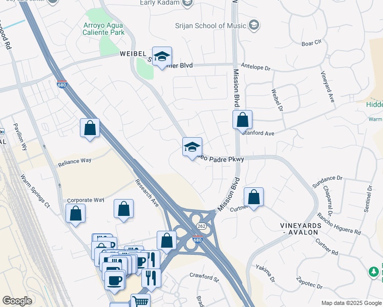 map of restaurants, bars, coffee shops, grocery stores, and more near 45847 Bridgeport Place in Fremont