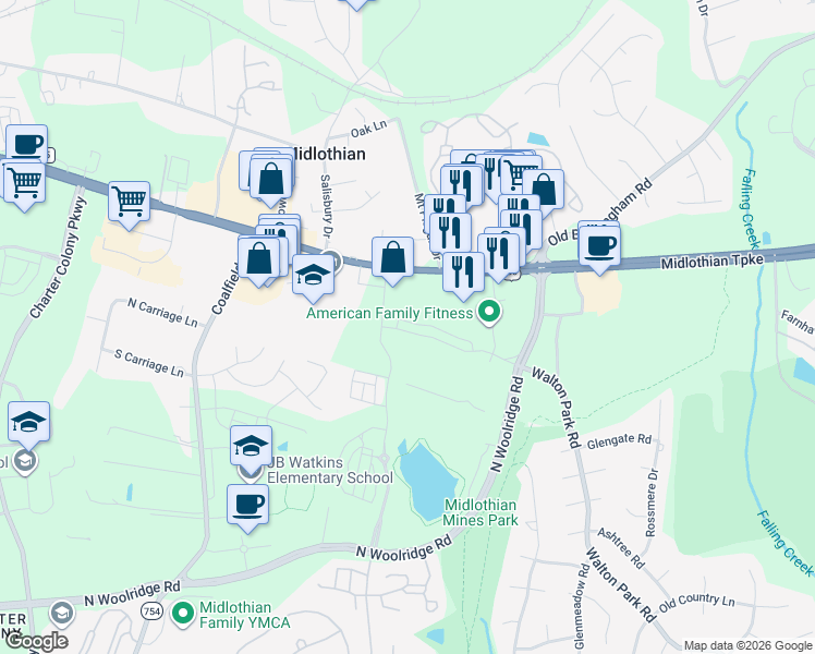 map of restaurants, bars, coffee shops, grocery stores, and more near 13471 Midlothian Turnpike in Midlothian