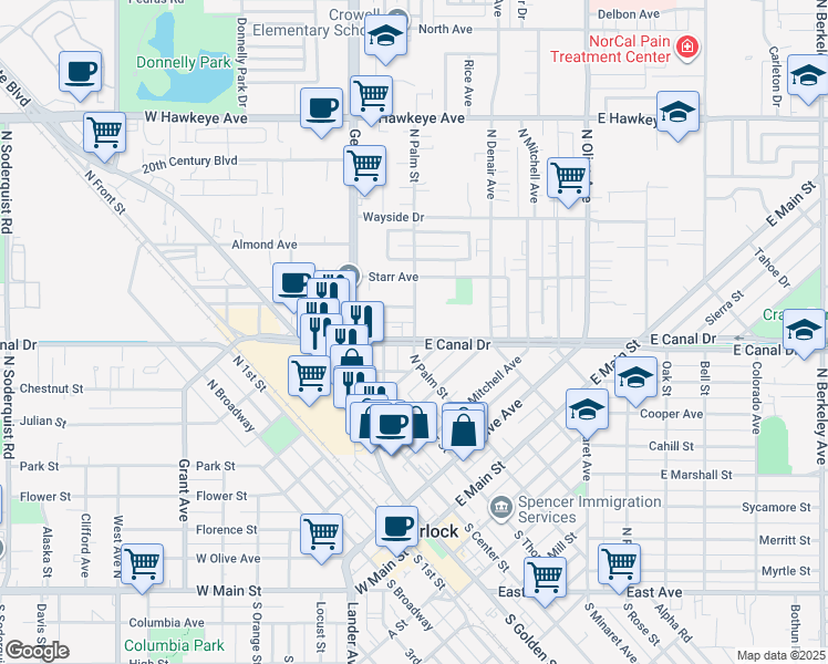 map of restaurants, bars, coffee shops, grocery stores, and more near 250 East Canal Drive in Turlock