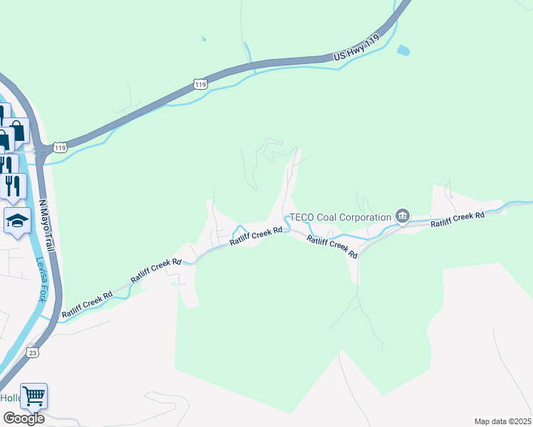 map of restaurants, bars, coffee shops, grocery stores, and more near 1-299 Evergreen Lane in Pikeville