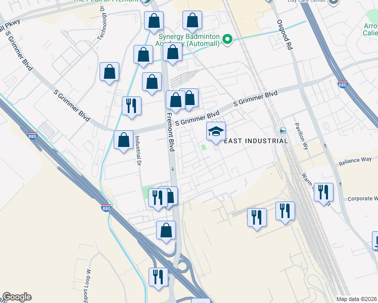map of restaurants, bars, coffee shops, grocery stores, and more near 44969 Insight Street in Fremont