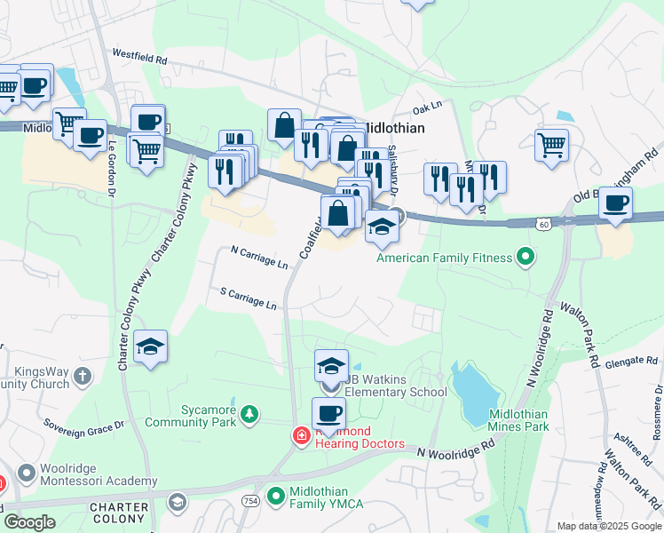 map of restaurants, bars, coffee shops, grocery stores, and more near 13583 Midlothian Turnpike in Midlothian