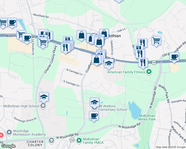 map of restaurants, bars, coffee shops, grocery stores, and more near 13583 Midlothian Turnpike in Midlothian