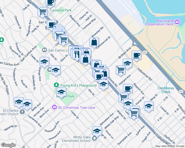 map of restaurants, bars, coffee shops, grocery stores, and more near 1039 Laurel Street in San Carlos