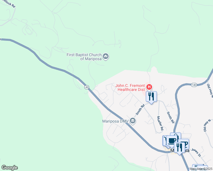 map of restaurants, bars, coffee shops, grocery stores, and more near 5320 California 49 in Mariposa