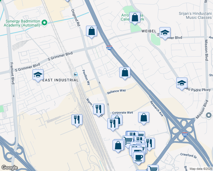 map of restaurants, bars, coffee shops, grocery stores, and more near 45388 Warm Springs Boulevard in Fremont