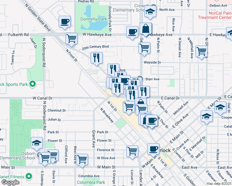 map of restaurants, bars, coffee shops, grocery stores, and more near 842 North Golden State Boulevard in Turlock
