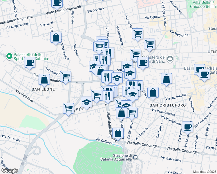 map of restaurants, bars, coffee shops, grocery stores, and more near 635 Via Vittorio Emanuele II in Catania