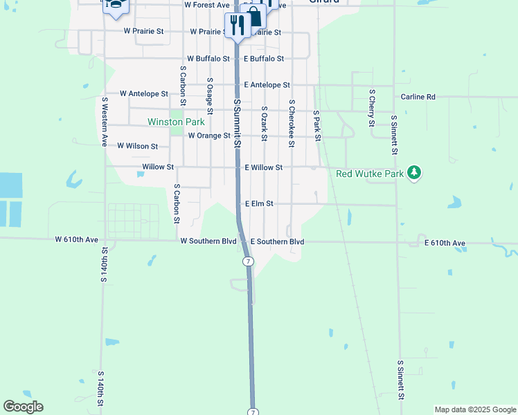 map of restaurants, bars, coffee shops, grocery stores, and more near 801 South Ozark Street in Girard