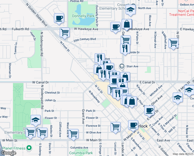 map of restaurants, bars, coffee shops, grocery stores, and more near 378 West Syracuse Avenue in Turlock