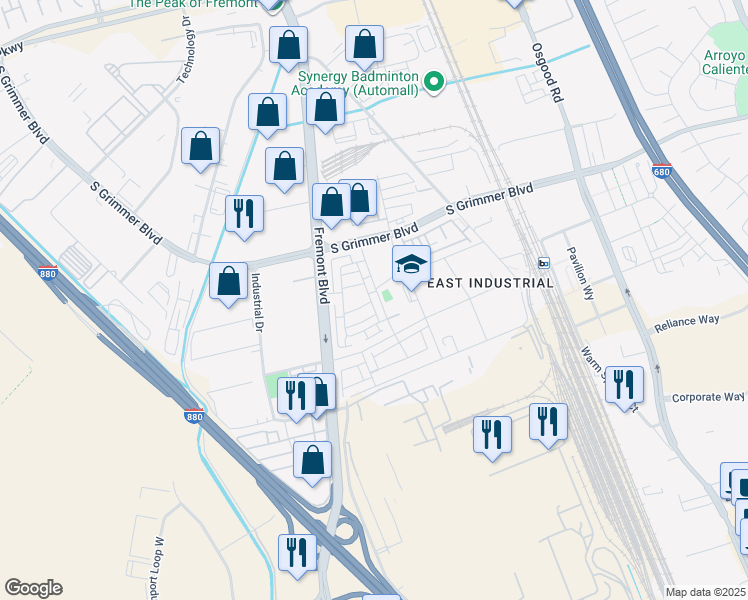 map of restaurants, bars, coffee shops, grocery stores, and more near 44969 Insight Street in Fremont