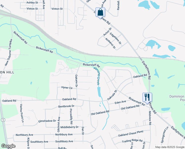 map of restaurants, bars, coffee shops, grocery stores, and more near 5940 Almond Tree Terrace in Richmond