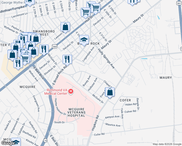 map of restaurants, bars, coffee shops, grocery stores, and more near 3450 Maury Street in Richmond