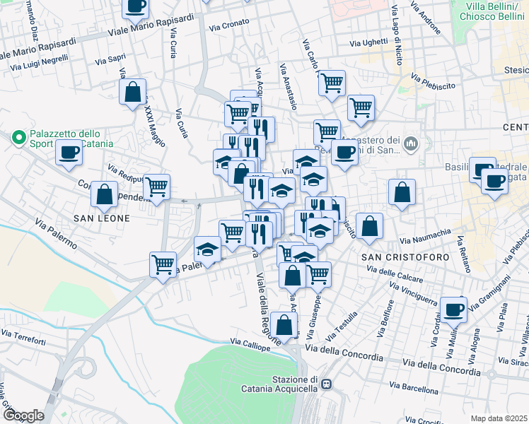 map of restaurants, bars, coffee shops, grocery stores, and more near 635 Via Vittorio Emanuele II in Catania