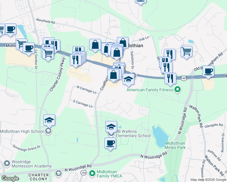 map of restaurants, bars, coffee shops, grocery stores, and more near 13583 Midlothian Turnpike in Midlothian