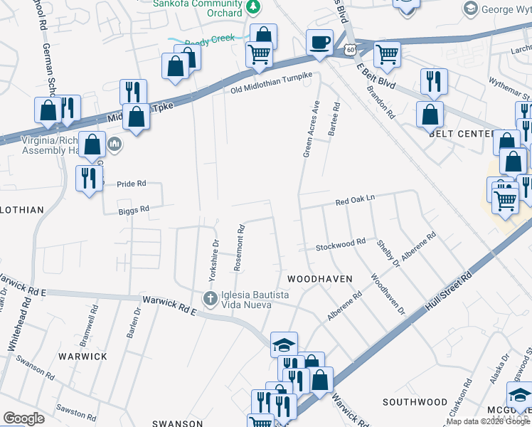 map of restaurants, bars, coffee shops, grocery stores, and more near 501 Woodstock Road in Richmond