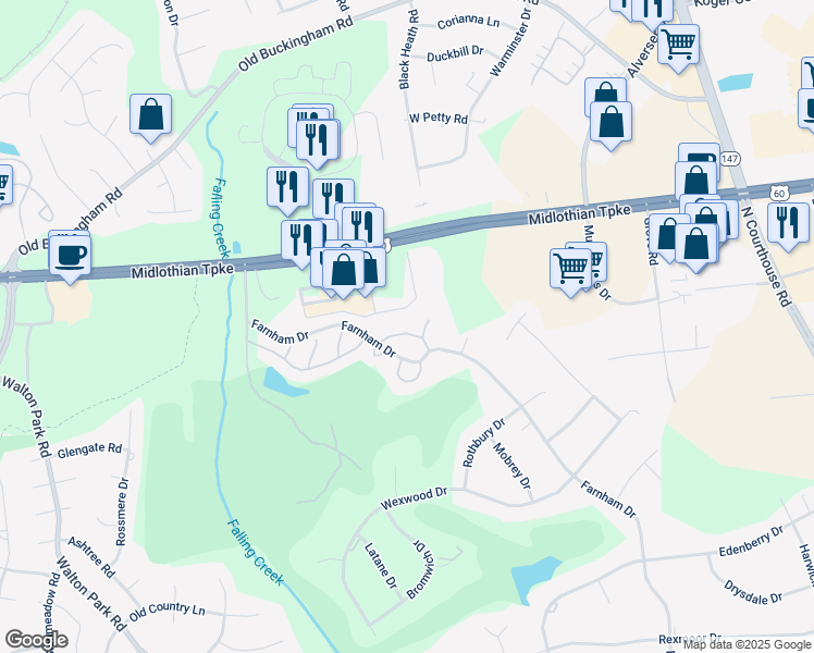 map of restaurants, bars, coffee shops, grocery stores, and more near 11906 Ashington Way in Richmond