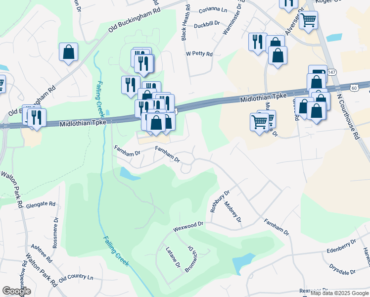 map of restaurants, bars, coffee shops, grocery stores, and more near 11906 Ashington Way in Richmond