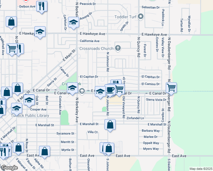 map of restaurants, bars, coffee shops, grocery stores, and more near 875 North Johnson Road in Turlock