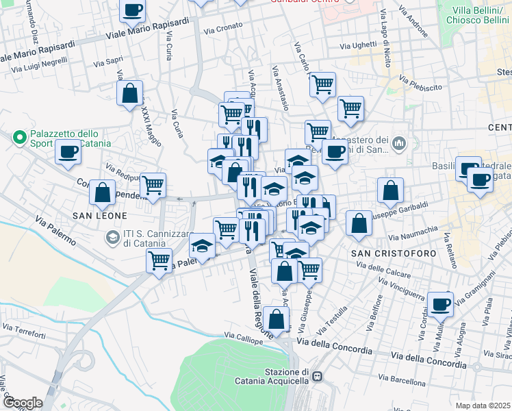 map of restaurants, bars, coffee shops, grocery stores, and more near 635 Via Vittorio Emanuele II in Catania
