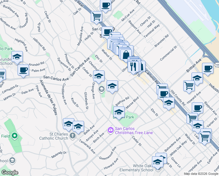 map of restaurants, bars, coffee shops, grocery stores, and more near 817 Chestnut Street in San Carlos