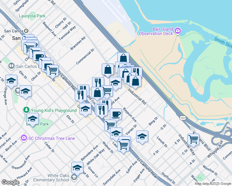 map of restaurants, bars, coffee shops, grocery stores, and more near 1200 Industrial Road in San Carlos