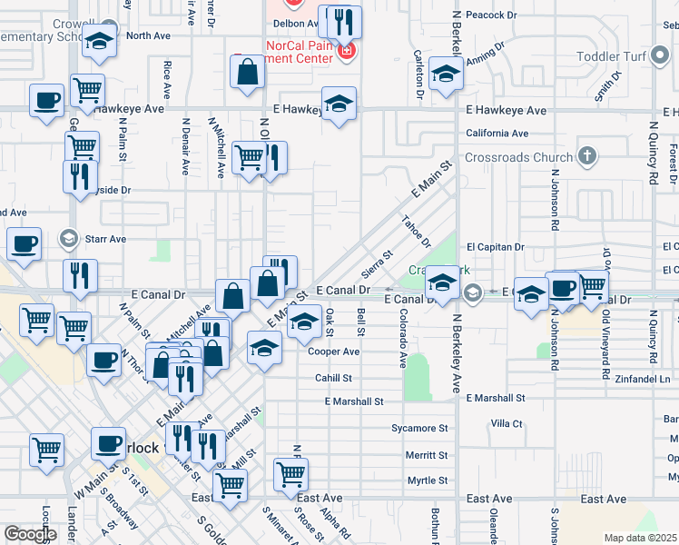 map of restaurants, bars, coffee shops, grocery stores, and more near 918 East Main Street in Turlock