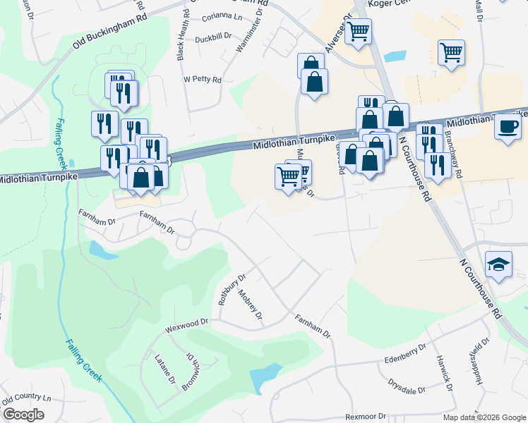 map of restaurants, bars, coffee shops, grocery stores, and more near 11710 Blakeston Court in Richmond
