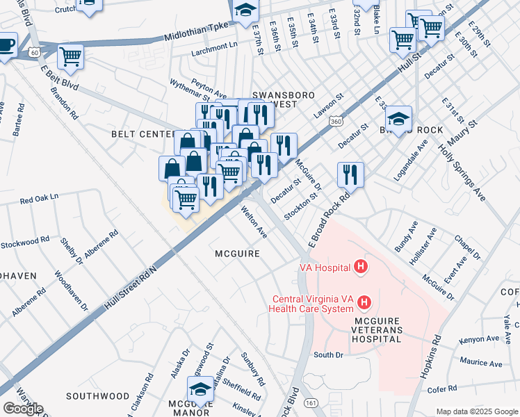 map of restaurants, bars, coffee shops, grocery stores, and more near 706 East Belt Boulevard in Richmond