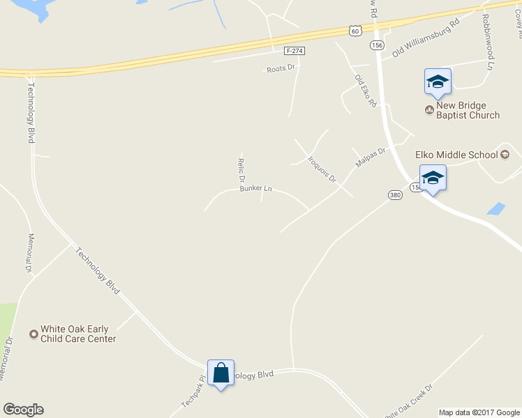 map of restaurants, bars, coffee shops, grocery stores, and more near 404 Bunker Circle in Sandston