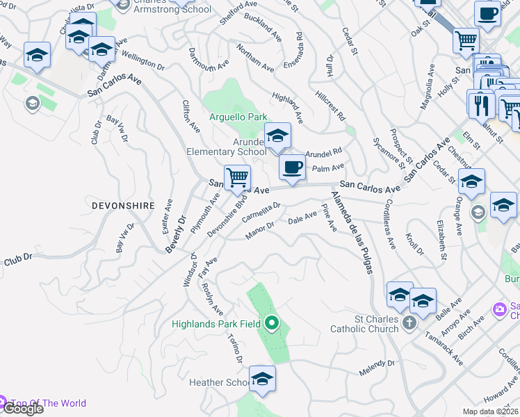 map of restaurants, bars, coffee shops, grocery stores, and more near 2236 Carmelita Drive in San Carlos