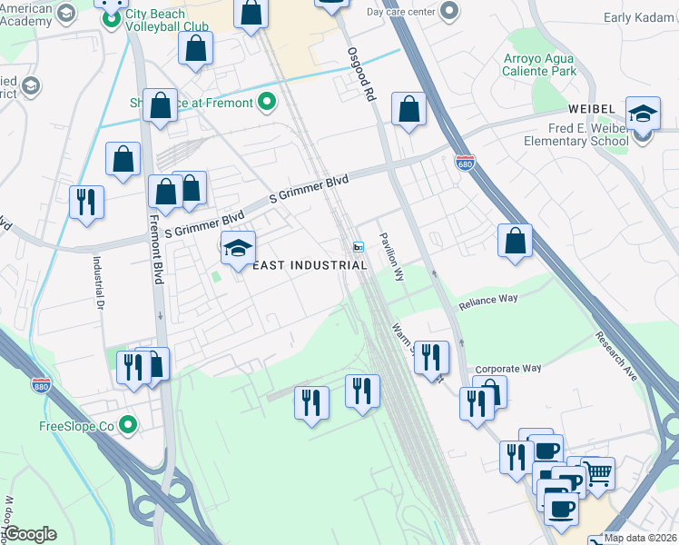 map of restaurants, bars, coffee shops, grocery stores, and more near 45193 Warm Springs Boulevard in Fremont