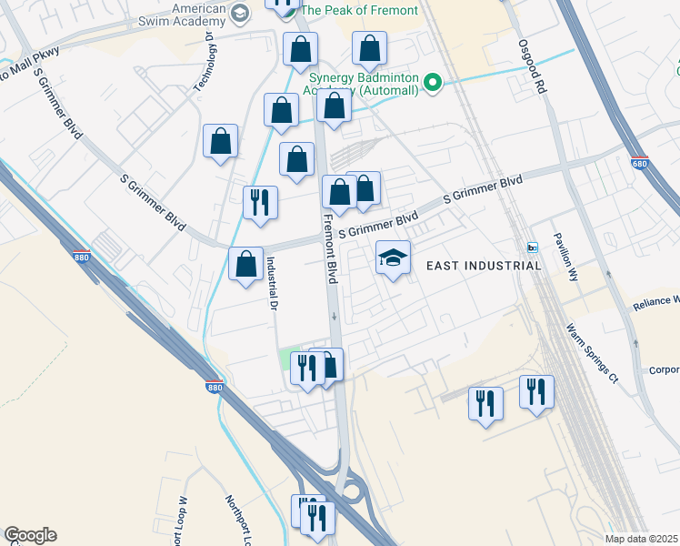 map of restaurants, bars, coffee shops, grocery stores, and more near 44868 Fremont Boulevard in Fremont