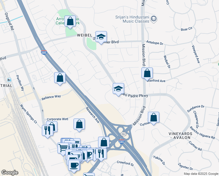 map of restaurants, bars, coffee shops, grocery stores, and more near 403 Crystalline Drive in Fremont