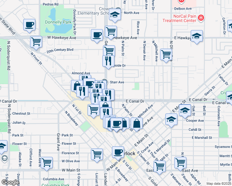 map of restaurants, bars, coffee shops, grocery stores, and more near 110 East Syracuse Avenue in Turlock