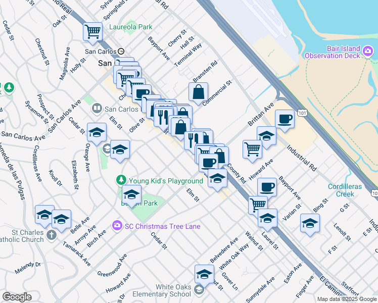 map of restaurants, bars, coffee shops, grocery stores, and more near 1001 Laurel Street in San Carlos
