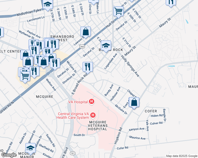 map of restaurants, bars, coffee shops, grocery stores, and more near 3612 Chapel Drive in Richmond