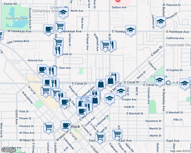 map of restaurants, bars, coffee shops, grocery stores, and more near 901 Kenwood Avenue in Turlock