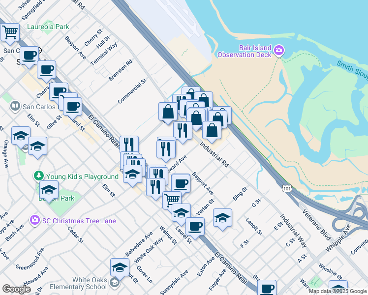 map of restaurants, bars, coffee shops, grocery stores, and more near 1200 Industrial Road in San Carlos