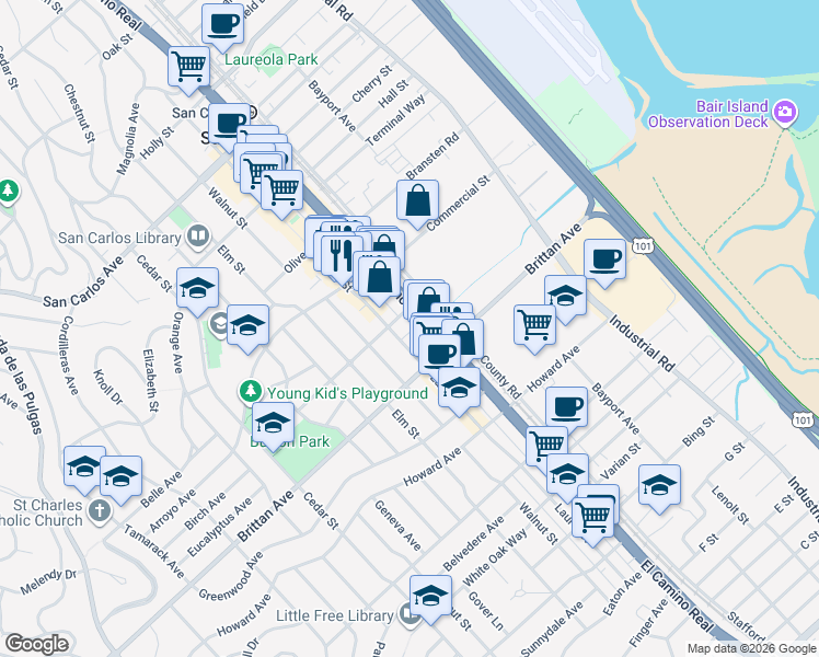 map of restaurants, bars, coffee shops, grocery stores, and more near 1001 Laurel Street in San Carlos