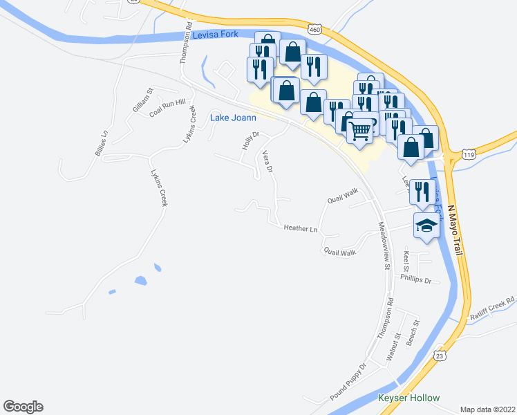 map of restaurants, bars, coffee shops, grocery stores, and more near Pheasant Drive in Pikeville