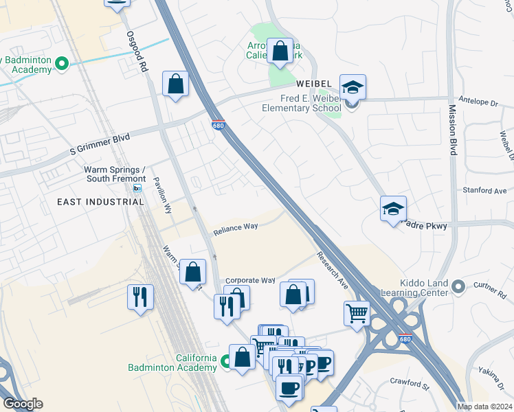 map of restaurants, bars, coffee shops, grocery stores, and more near 45401 Research Avenue in Fremont