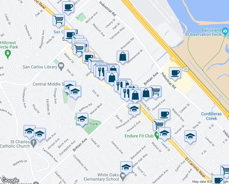 map of restaurants, bars, coffee shops, grocery stores, and more near 1001 Laurel Street in San Carlos