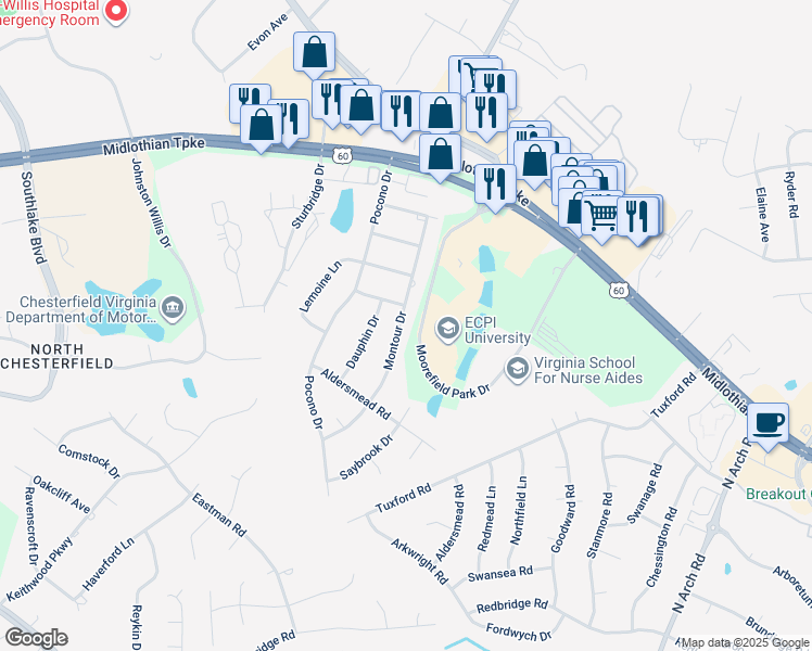 map of restaurants, bars, coffee shops, grocery stores, and more near 621 Montour Drive in Chesterfield County