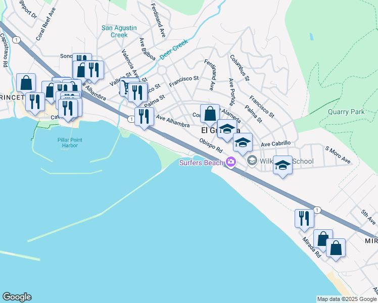 map of restaurants, bars, coffee shops, grocery stores, and more near 4000 Cabrillo Highway in Half Moon Bay