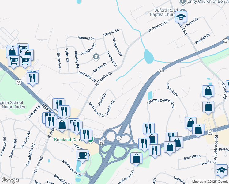 map of restaurants, bars, coffee shops, grocery stores, and more near 9016 Anbern Drive in Richmond