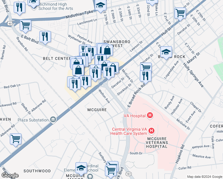 map of restaurants, bars, coffee shops, grocery stores, and more near 801 East Belt Boulevard in Richmond