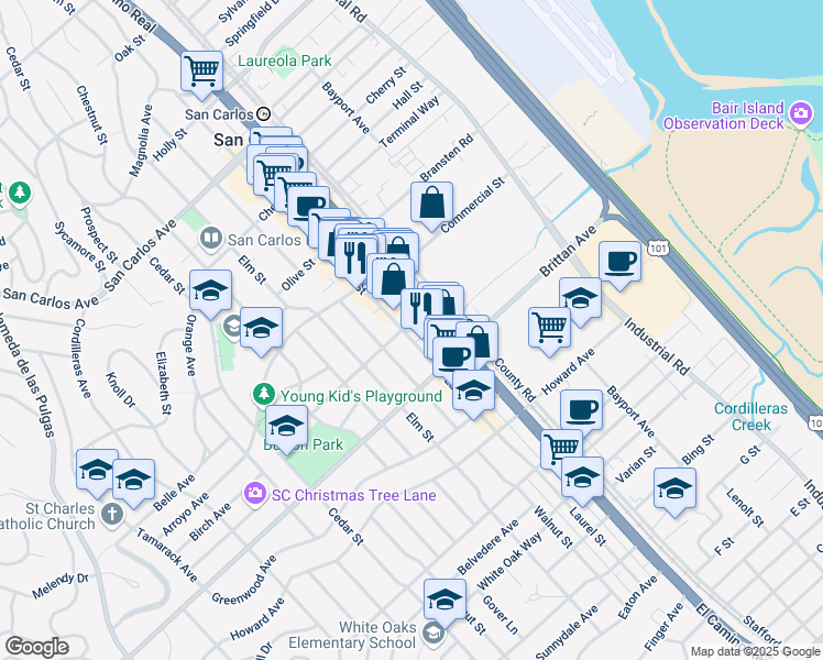 map of restaurants, bars, coffee shops, grocery stores, and more near 1001 Laurel Street in San Carlos
