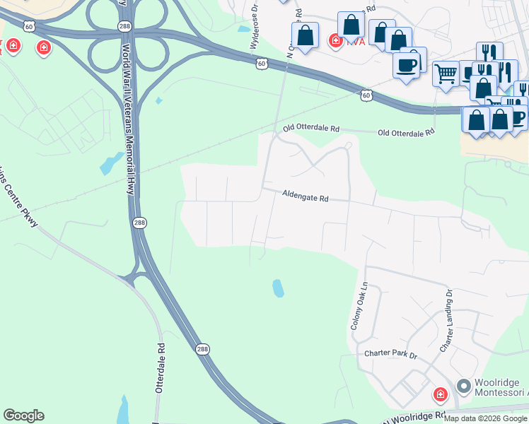 map of restaurants, bars, coffee shops, grocery stores, and more near 420 Charlemagne Road in Midlothian