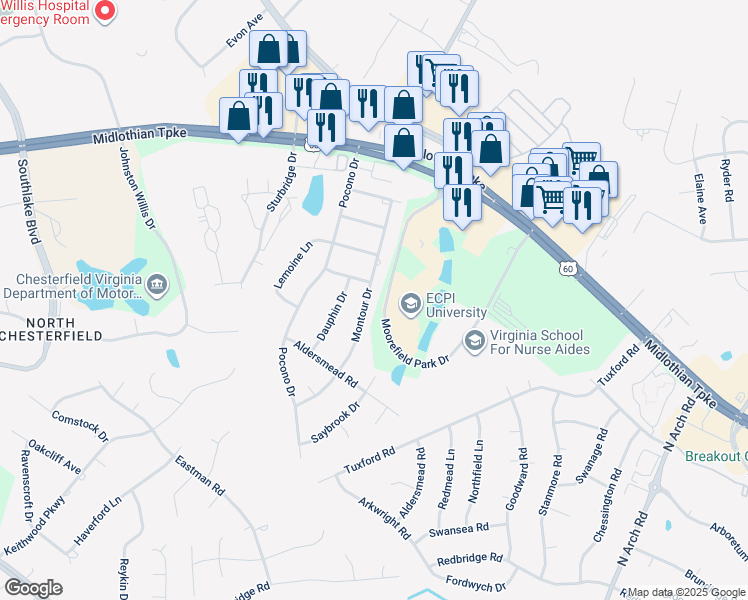 map of restaurants, bars, coffee shops, grocery stores, and more near 621 Montour Drive in Chesterfield County